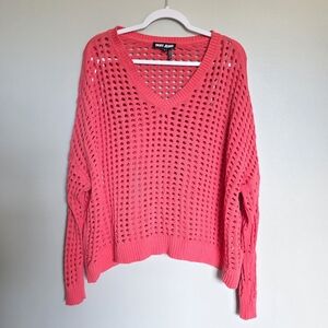 DKNY Jeans XL Pink Open Knit V-Neck Sweater 100% Cotton Boho